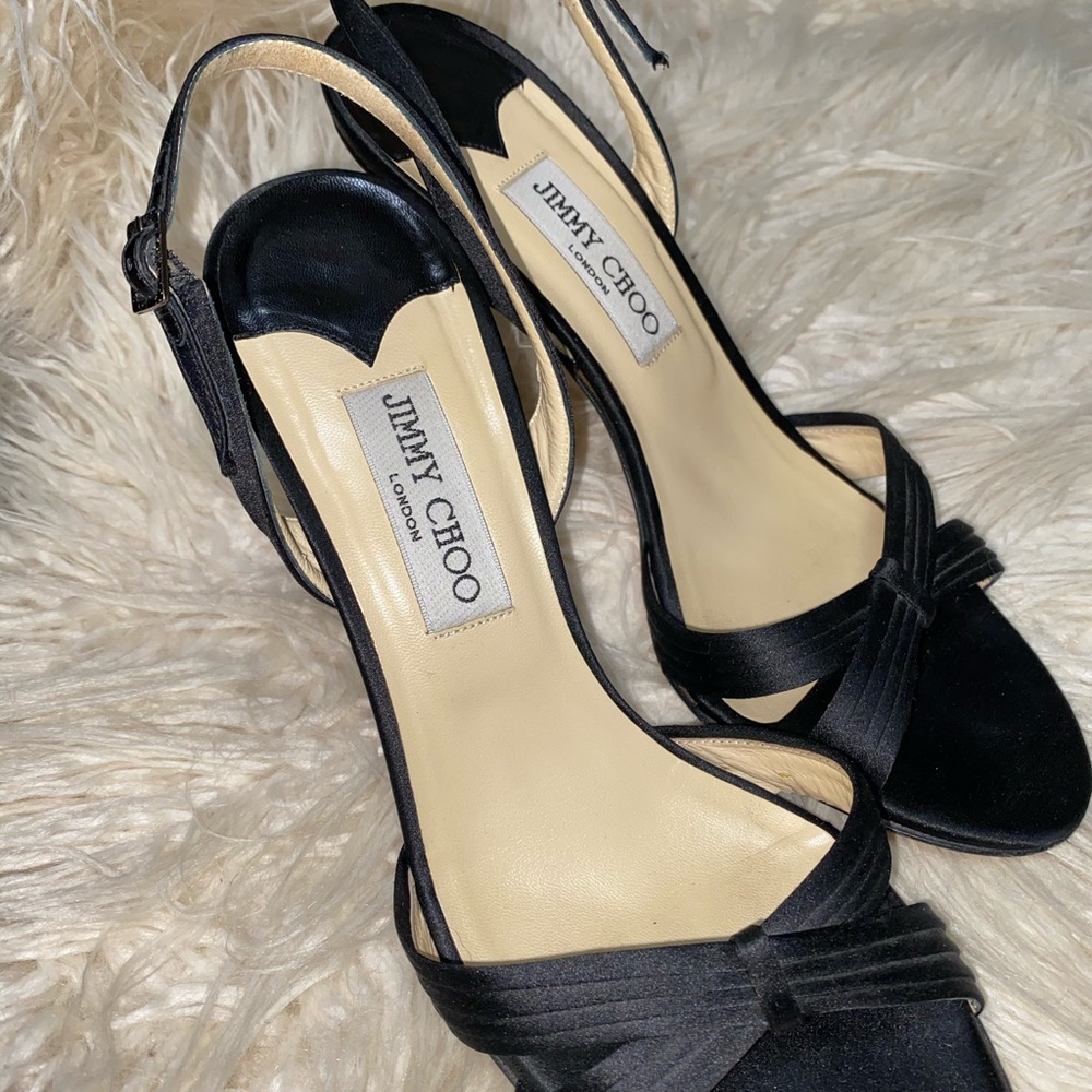 Jimmy Choo black satin slingback strappy sandals